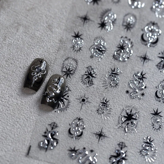 5D Gold Stamped Nail Art Stickers - Silver Sun Stars Snake Chinese Style Self-Adhesive Manicure Decals
