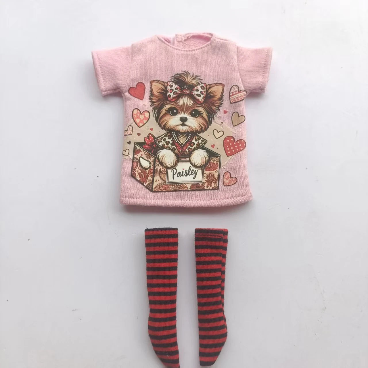 Handmade OB24 1/6 Blyth Doll Clothes – Cartoon T-Shirt with Striped Socks for 1/6 Doll Accessories