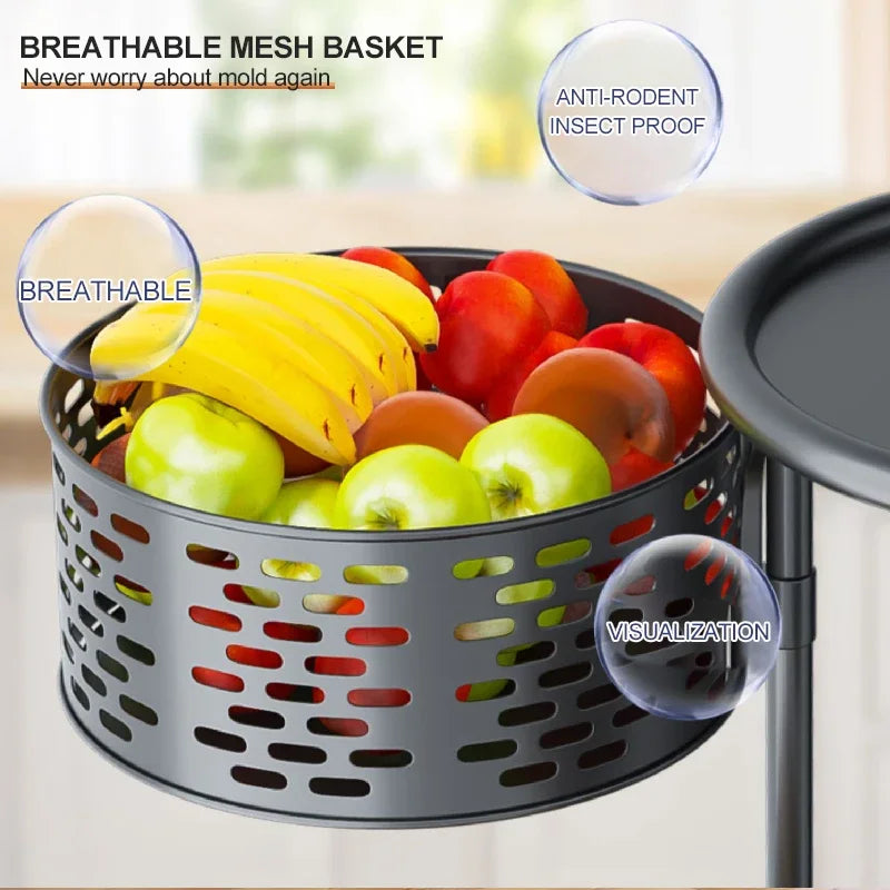 5 Layer Stainless Steel Rotating Shelf - Kitchen & Bathroom Storage Baskets, Fruit & Vegetable Rack with Wheels