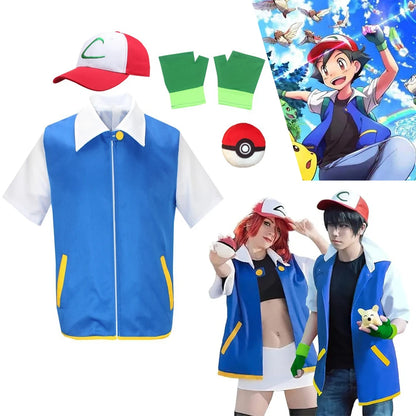 Cartoon Anime Ash Ketchum Trainer Blue Jacket Costume with Hat & Gloves for Kids Pokémon Go Cosplay Party