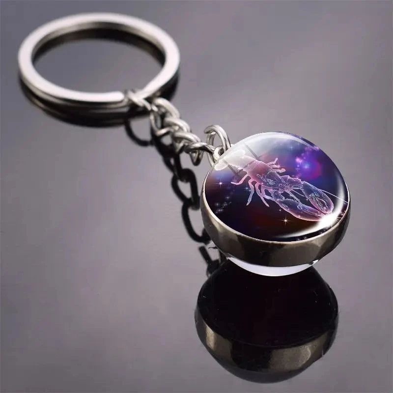 S12 Constellation Keychain – Luminous Double-Sided Zodiac Glass Ball Pendant for Men & Women