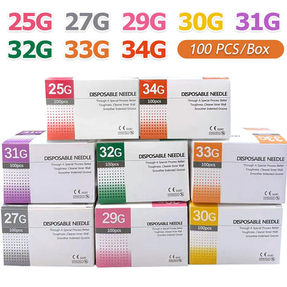 100pcs Superfine Painless Disposable Beauty Needles (25G–34G) – Multi-Size 1.5–13mm Injection & Piercing Tips
