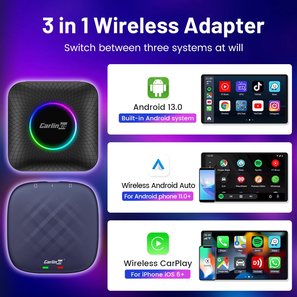 Carlinkit CarPlay AI Box — Qualcomm 6125 8-Core, Android 13, Wireless & Wired CarPlay, Android Auto for OEM Cars