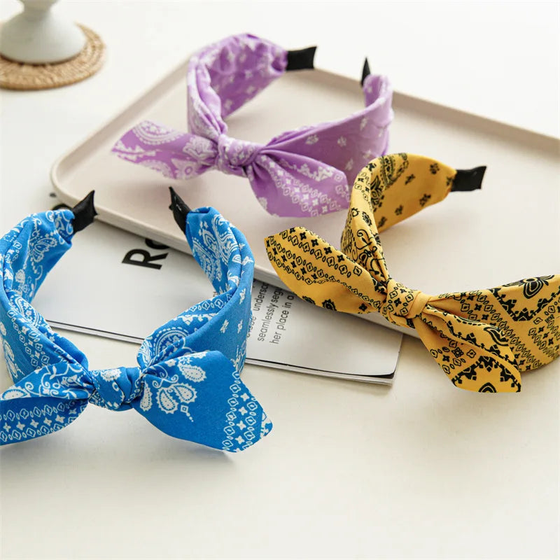 Fashion Paisley Bandana Headband — Knotted Bow Rabbit Ear Turban Hairwrap for Women & Girls