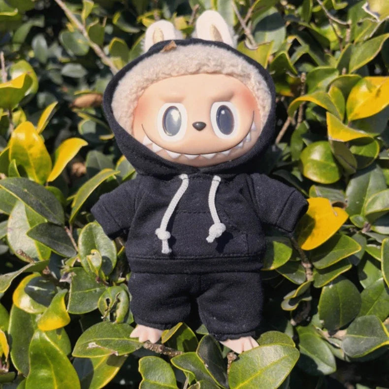17cm Labubu Doll Outfit Set – Black Hoodie Sweatshirt & Pants, DIY Gift for Dolls