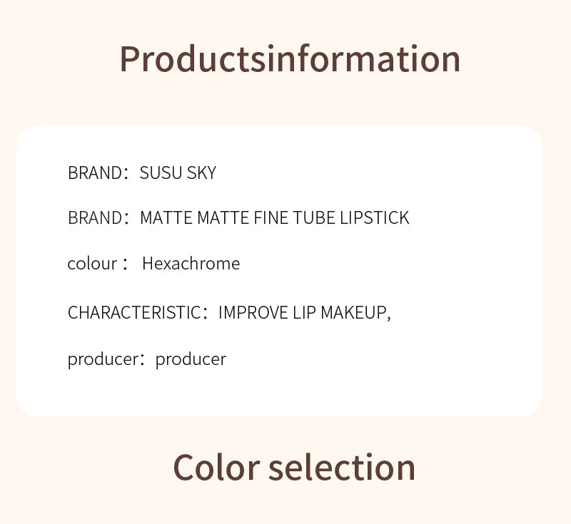 TX010 Thin Tube Matte Lipstick – Waterproof, Sweatproof, Long-Lasting Lip & Cheek Makeup