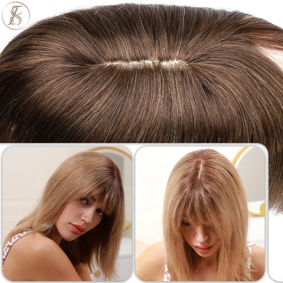 TESS Women Human Hair Topper With Bangs - 7x12.5cm Silk Base Clip In Hair Extension Natural Wigpiece