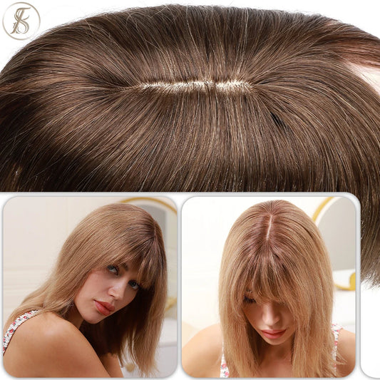 TESS Women Human Hair Topper With Bangs - 7x12.5cm Silk Base Clip In Hair Extension Natural Wigpiece