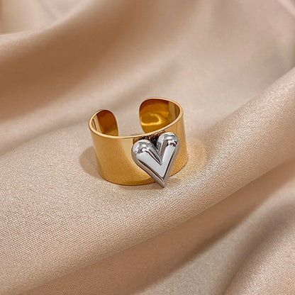 Greatera Stainless Steel Heart Cuff Ring – Wide Thick Statement Jewelry for Women & Men, European American Style