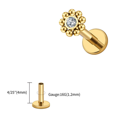 Right Grand ASTM F136 Titanium 16G Mini Beaded Sun Labret Stud CZ Flower – Tragus, Helix, Conch & Nose Piercing Body Jewelry