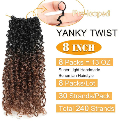 8" Yanky Twist Crochet Hair – Pre-Looped Ombre Brown Synthetic with Curly Ends, Yank Twist for Black Women