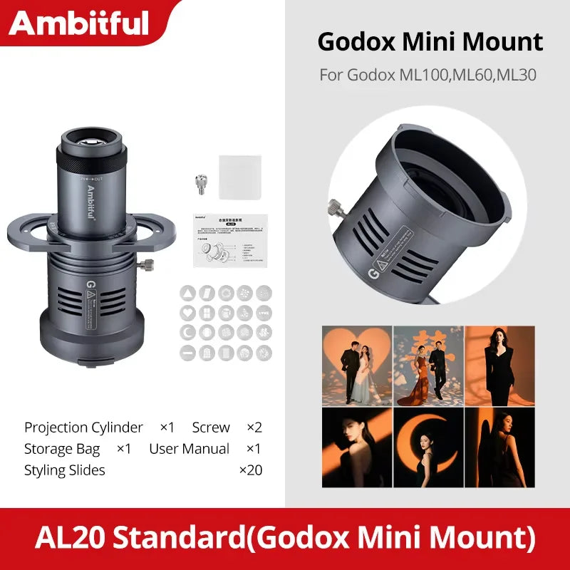 Ambitful AL20 Conical Snoot Optical Condenser - Shaped Beam Light Modifier for Mini Bowens Mount Godox, Yongnuo and Zhiyun Lights