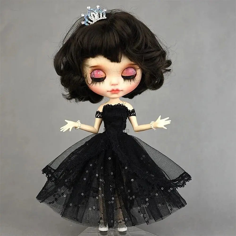 Mini Black Princess Doll Dress – Multilayer Lace Tutu Party Outfit for Blythe & BJD Dolls