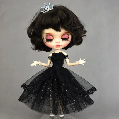 Mini Black Princess Doll Dress – Multilayer Lace Tutu Party Outfit for Blythe & BJD Dolls