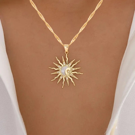 Rhinestone Sun Star Moon 3-in-1 Pendant Necklace – Retro Shining Versatile Party Jewelry for Women