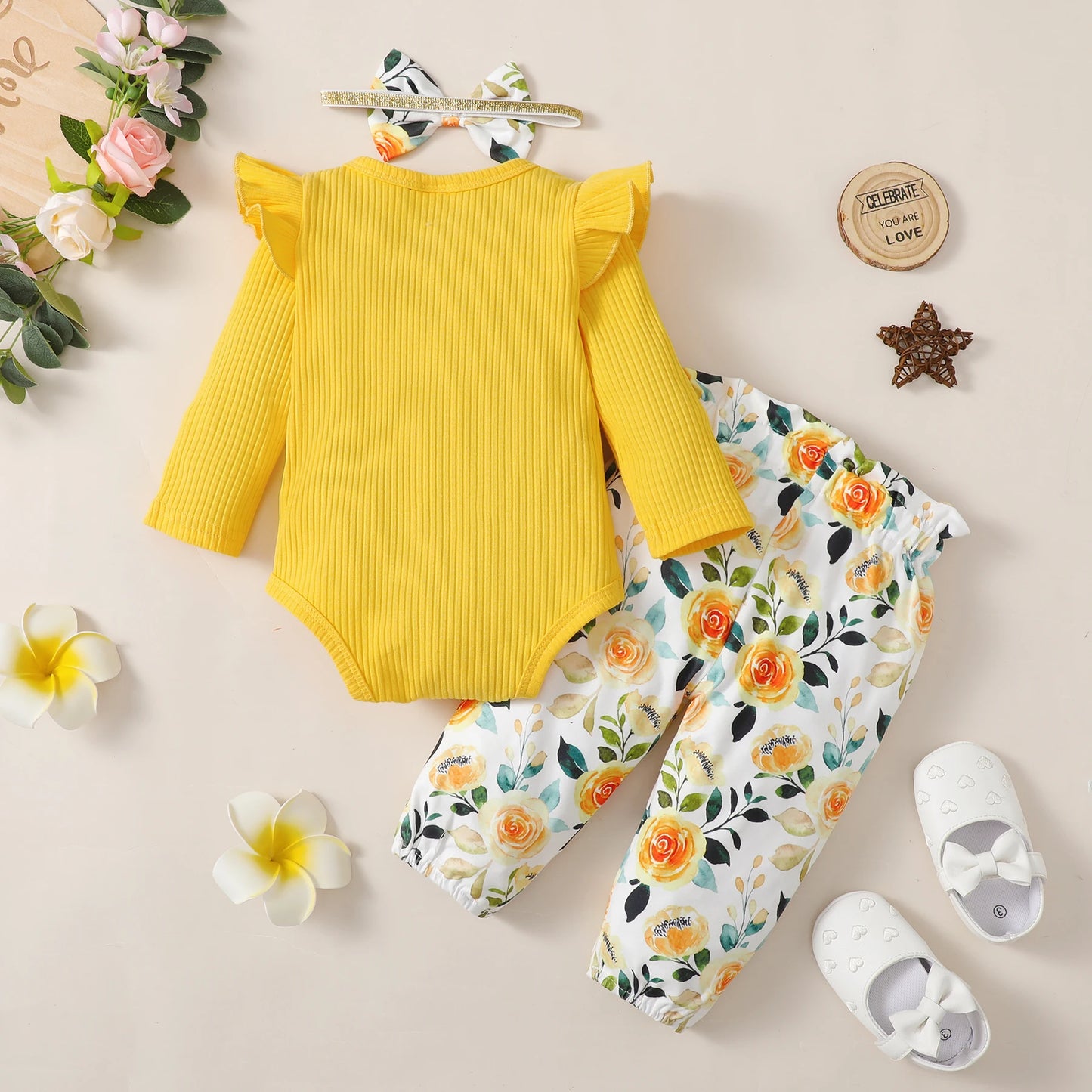 3-Piece Baby Girl Clothes Set – Long Sleeve Romper, Flower Pants & Headband, Spring & Autumn Outfit for 0-18 Months