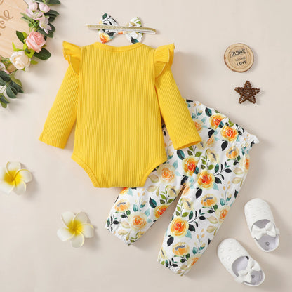 3-Piece Baby Girl Clothes Set – Long Sleeve Romper, Flower Pants & Headband, Spring & Autumn Outfit for 0-18 Months