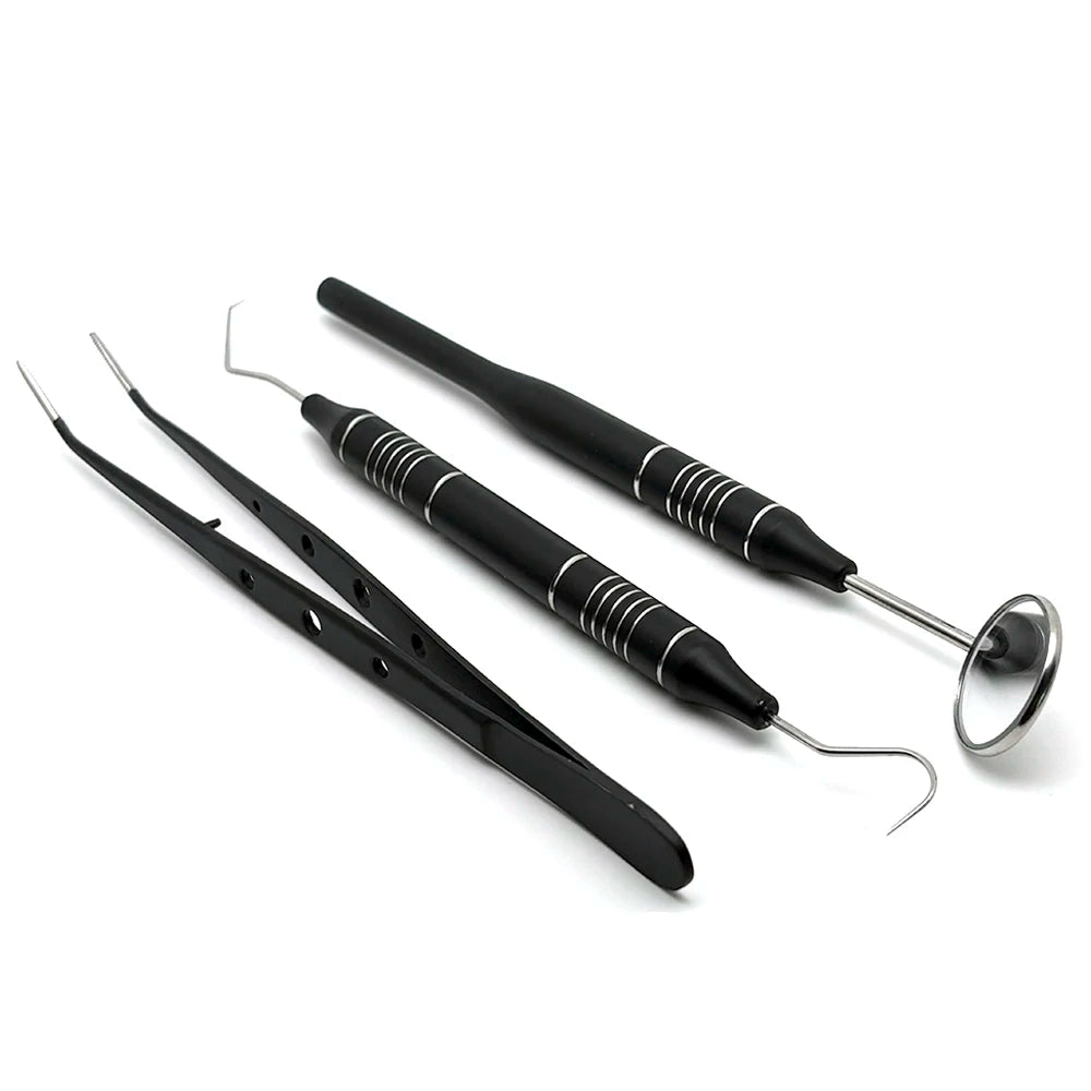3pcs Dental Mouth Mirror Tweezers & Curved Probe Kit – Stainless Steel Oral Cleaning Instruments