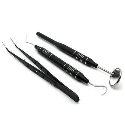 3pcs Dental Mouth Mirror Tweezers & Curved Probe Kit – Stainless Steel Oral Cleaning Instruments