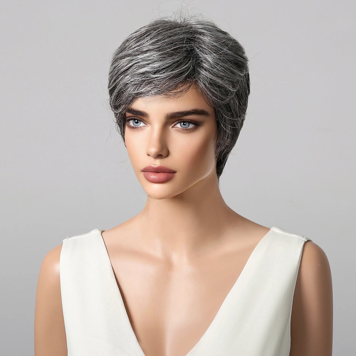 Short Pixie Cut Grey Human Hair Wig – 8 Inch Layered Fashion Wig for Women, Daily Use, Machine Made