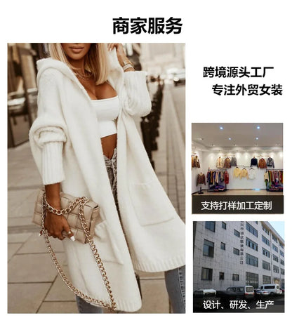 2023 Autumn/Winter Sweater Cardigan – Lapel Hooded Long Knit Coat with Letter Design, Loose Fit for Women