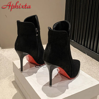 Women’s 10cm Stiletto Ankle Boots - Warm Winter Zip Heels in Black & Red Sizes 47-50