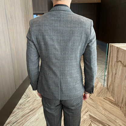 Men’s British Korean Plaid Three-Piece Suit – Stylish Business Casual Set with Blazer, Vest & Trousers