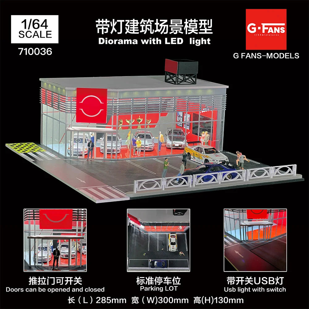 GFans 1:64 Scale Diorama Car Garage Model – LED Lighted Parking Lot DIY City Set for Collection & Display Gifts