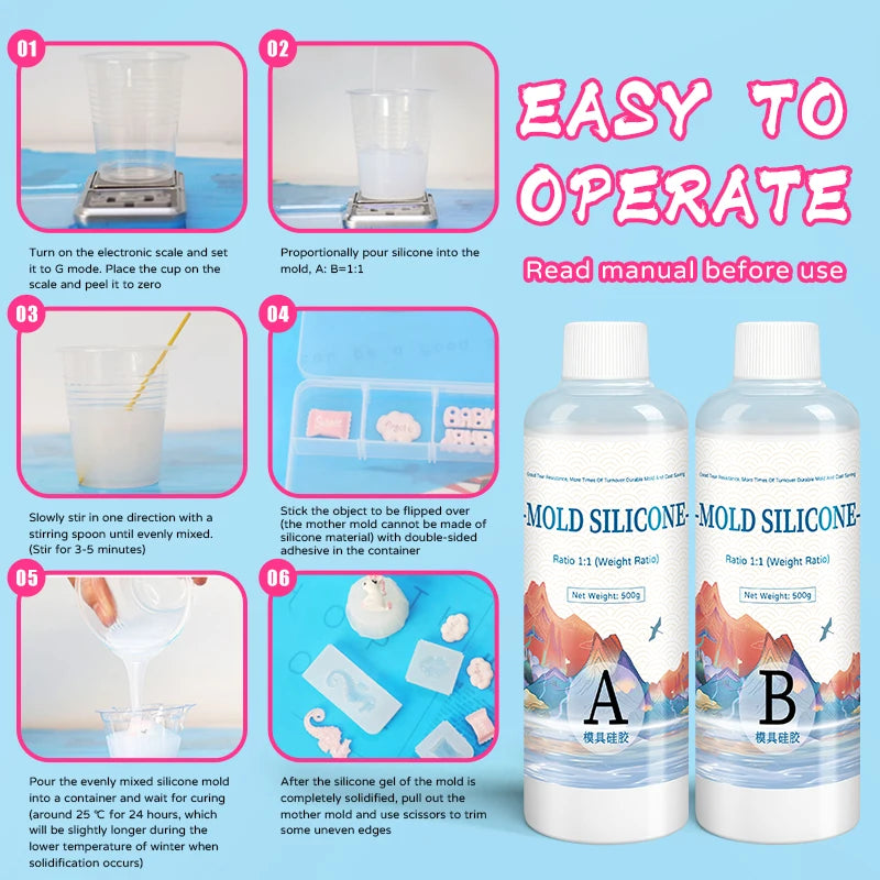 DIY Silicone Mold Making Kit — AB 1:1 Liquid Rubber, Fast-Curing Silicone for Mold Casting, 200g/500g