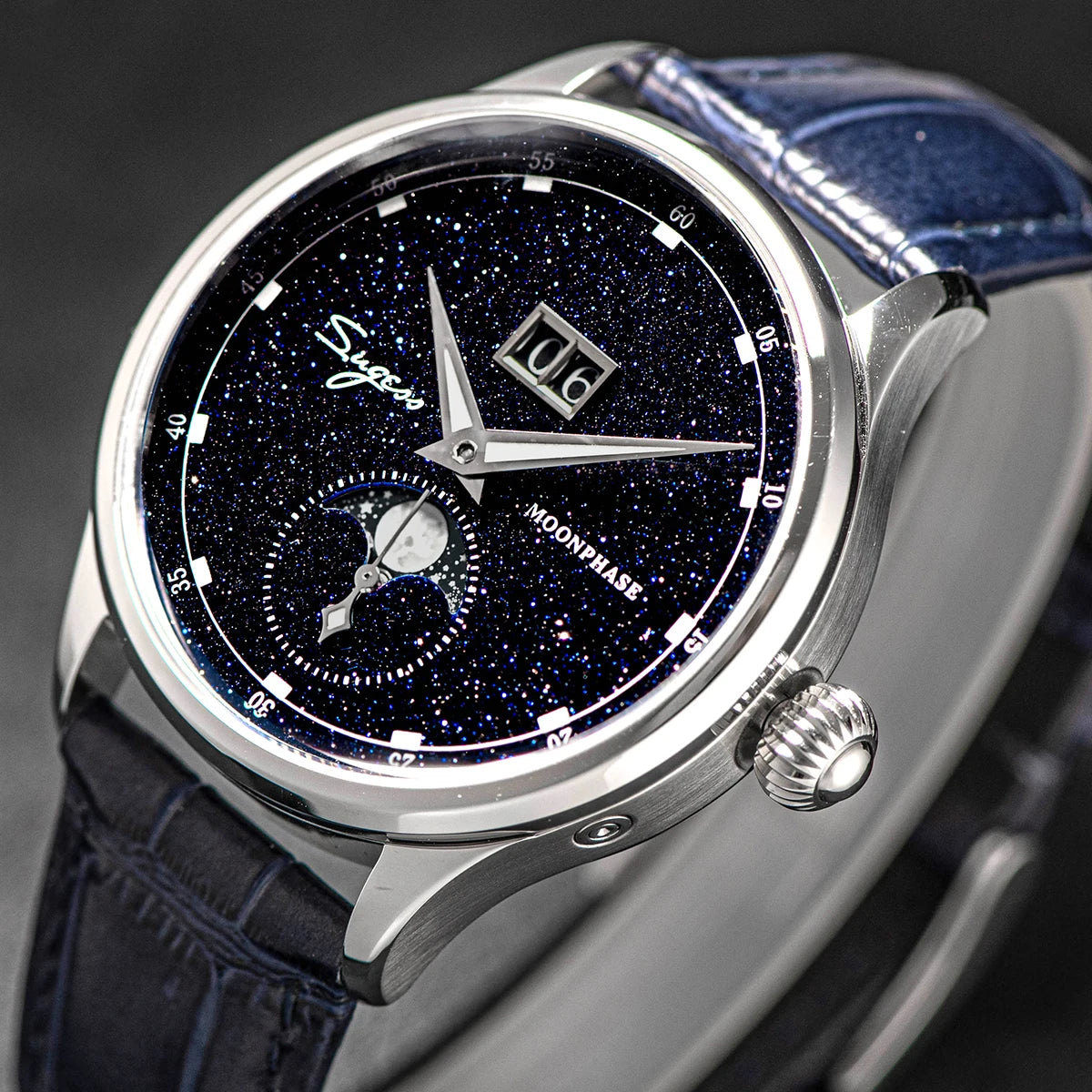 Sugess Moonphase Men’s Automatic Mechanical Watch — 40MM Stainless Steel with Seagull ST2528 Movement and Blue Sandstone Dial