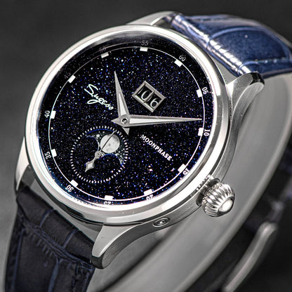 Sugess Moonphase Men’s Automatic Mechanical Watch — 40MM Stainless Steel with Seagull ST2528 Movement and Blue Sandstone Dial
