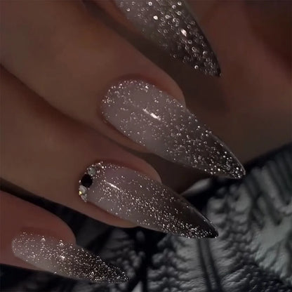 24Pcs French Press On Nails - Almond Fake Nail Tips with Glue, White Edge Design & Pink Stiletto Style Manicure Set