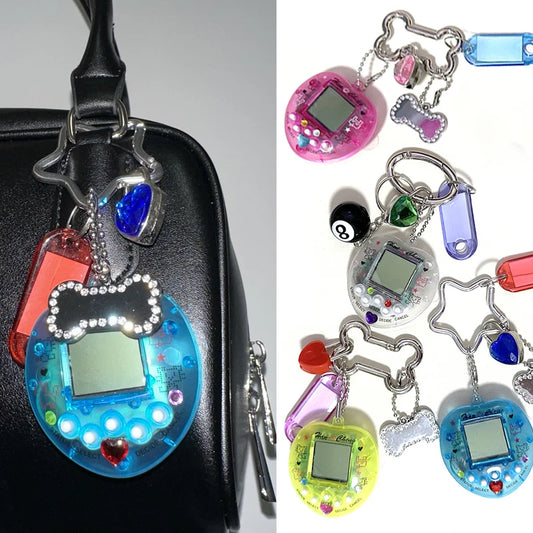 Korean Fashion Rainbow Game Console Keychain — Kawaii Harajuku Y2K Crystal Heart Lock DIY Bag Pendant Charm, Vintage Style