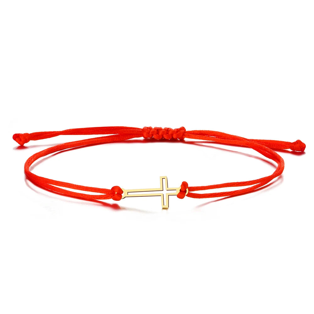 Gothic Cross Rope Bracelet - Stainless Steel Hollow Charm Hand Braided Lucky Black & Red Jewelry Gift for Women