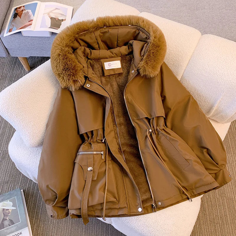 Fleece-Lined Hooded Down Jacket for Women – Warm Padded Parka, Casual Korean Streetwear Winter Coat