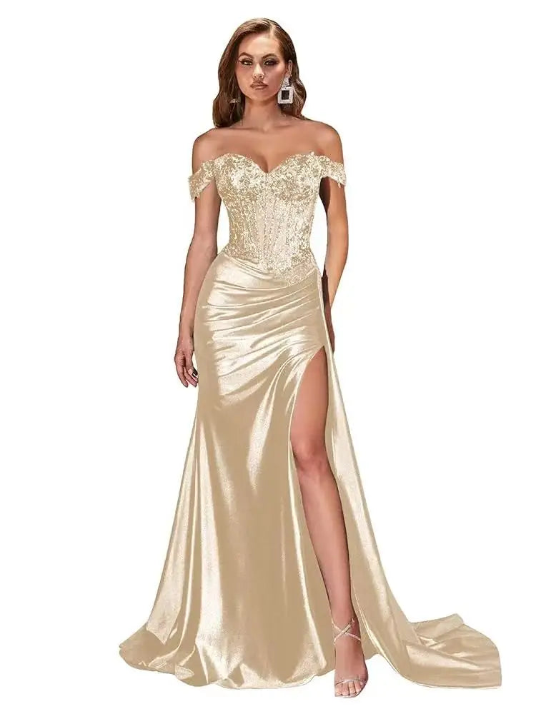 Dark Navy Off-Shoulder Prom Dress – Sweetheart Beaded Lace Evening Gown with High Side Slit, 2025 Custom