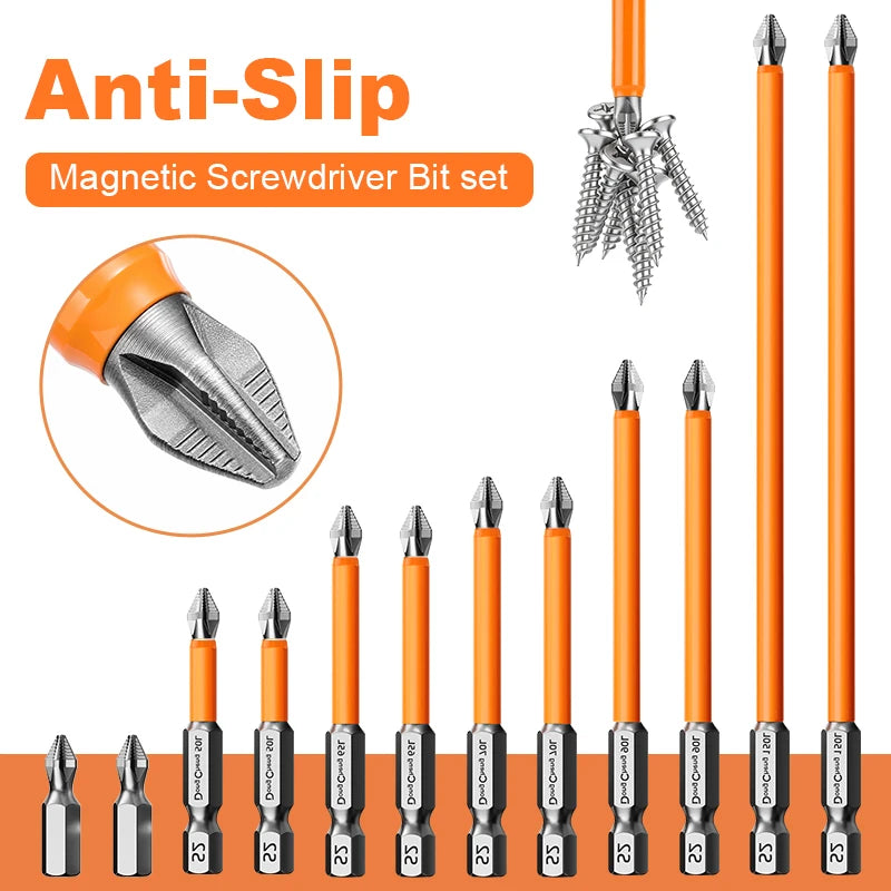 Magnetic Anti-Slip Screwdriver Bit Set - S2 Alloy Steel Impact Resistant Hex Shank Bits for Power Tools