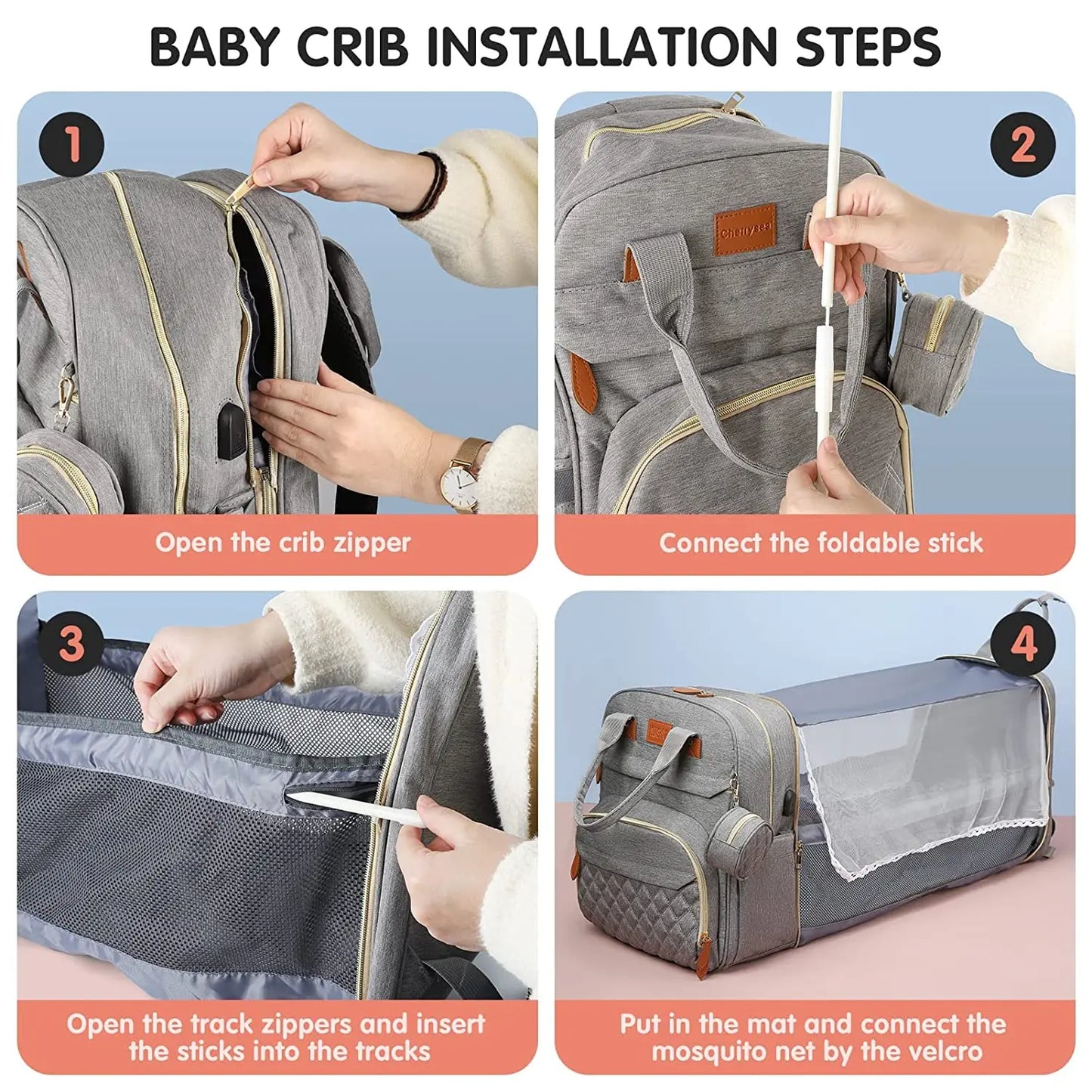 3-in-1 Diaper Bag Backpack – Waterproof Travel Bag with Foldable Baby Bed & USB Charging