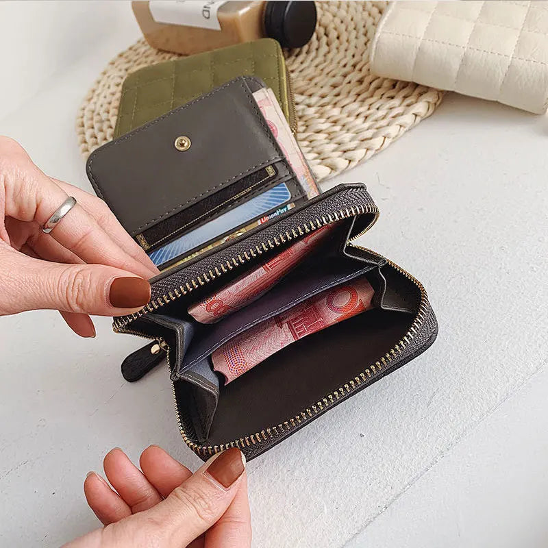 Women’s Small PU Leather Zipper Wallet with Coin Purse – Cute Plaid Mini Korean Card Holder, New Arrival