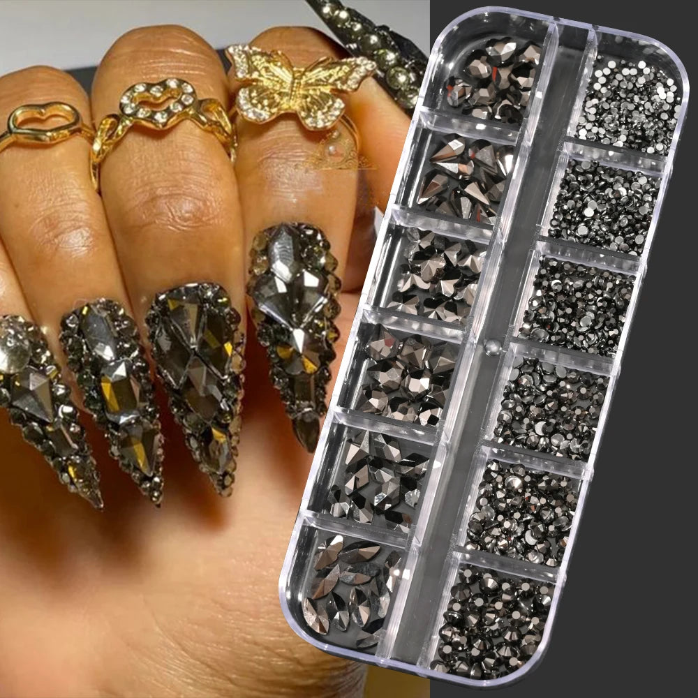 12-Grid Mixed Nail Rhinestones SS6-SS30 – Shiny Flat-Back Gems in Clear, Gold, Pink & Blue for Nail Art Decoration