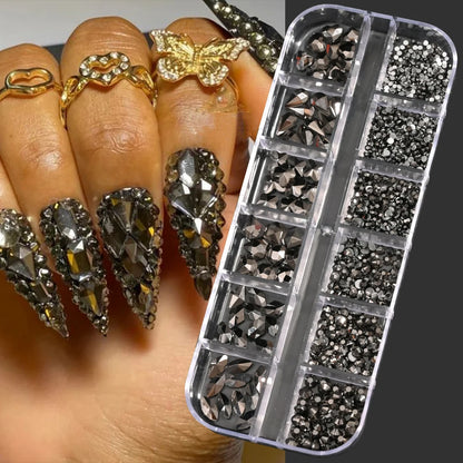 12-Grid Mixed Nail Rhinestones SS6-SS30 – Shiny Flat-Back Gems in Clear, Gold, Pink & Blue for Nail Art Decoration