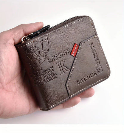 Men's PU Wax Oil Skin Wallet – Short Card Holder & Coin Purse with Zipper Around for Men