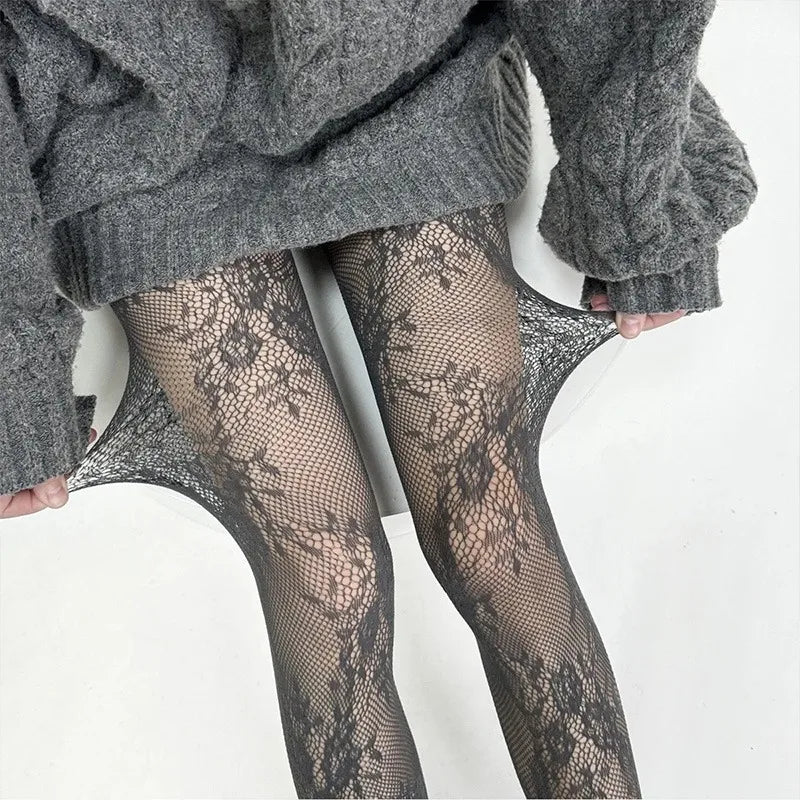 Women's Floral Lace Mesh Pantyhose - Harajuku Hollow Out Tights with Rattan Pattern Fashion Hosiery