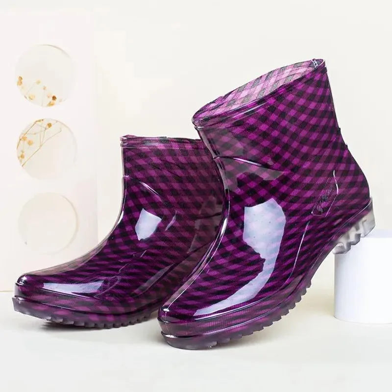 Women’s Black Polka Dot Rain Shoes – Waterproof, Non-Slip PVC Kitchen & Work Short Tube Boots for Summer