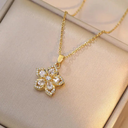 Light Luxury Gold Zircon Flower Pendant Necklace for Women - Elegant Party Jewelry Gift