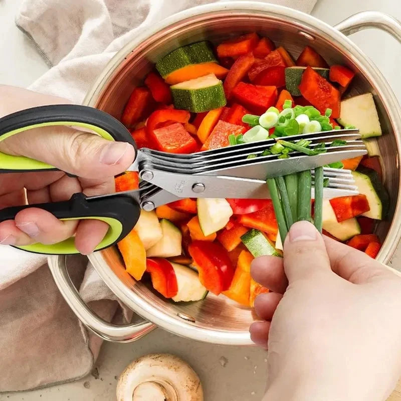Stainless Steel Multi-Layer Kitchen Scissors for Herbs, Green Onions, and Vegetables with Safety Cover