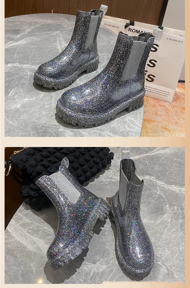 Women’s Shiny Color Fashion Rain Boots – Four-Season Waterproof Mid-Tube Ankle Outdoor Shoes
