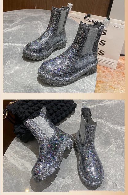 Women’s Shiny Color Fashion Rain Boots – Four-Season Waterproof Mid-Tube Ankle Outdoor Shoes