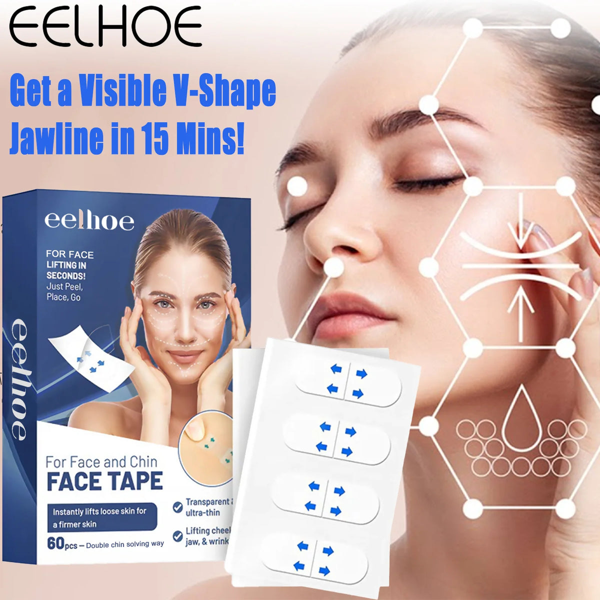 60-Piece V-Shape Face Lifting Strips – Jawline Contouring Patches for a Firmer-Looking Face and Double Chin Coverage