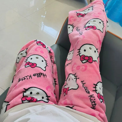 Thick Hello Kitty Fleece Pajama Pants – Soft Double Elastic Anime Trousers for Women, Cute Sanrio Birthday Gift